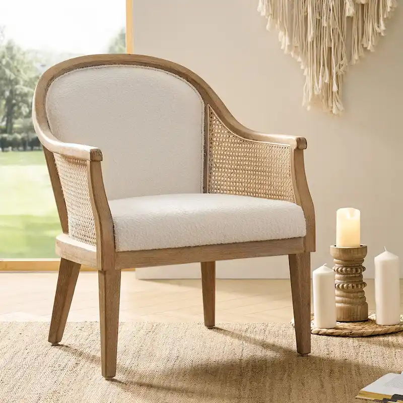 Farmhouse Rattan Solid Wood Armchair with Solid Wood Legs