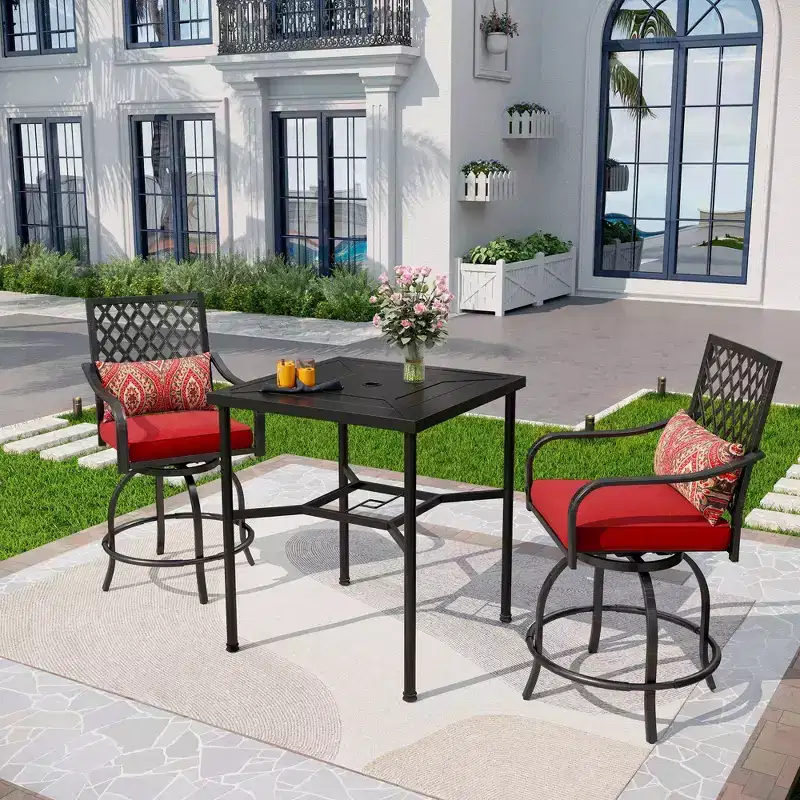 3pc Outdoor Bar Set with Swivel Stools & Square Metal Table with Umbrella Hole - Captiva Designs: Patio Furniture Set with Cushions