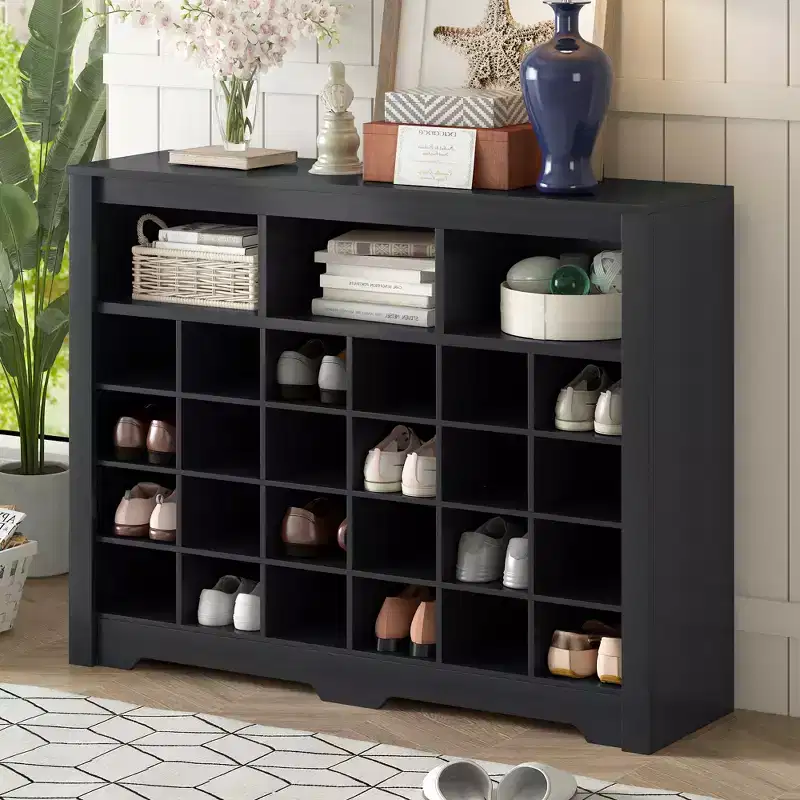 Rustic Shoe Storage Cabinet, Entryway Shoe Rack with 24-Shoe Cubby Console and Curved Base