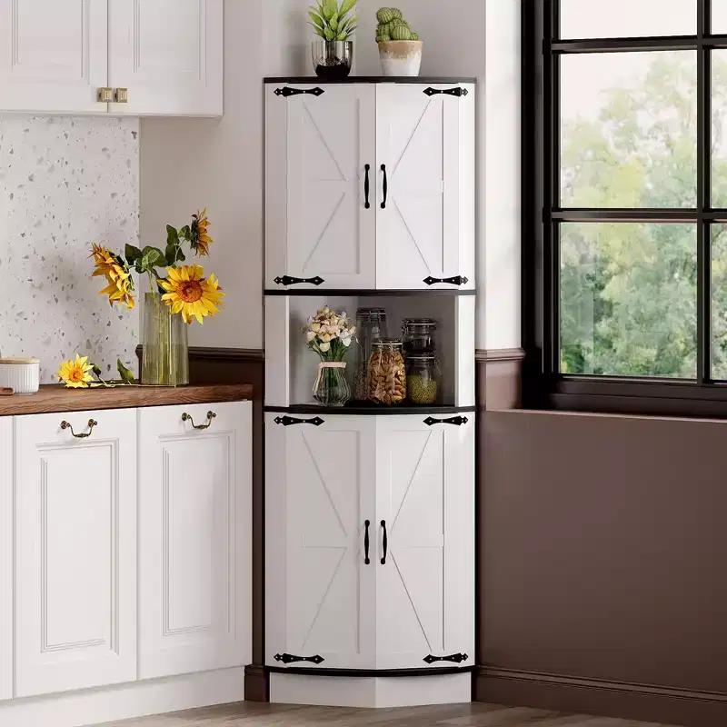 Black/Brown/White Corner Storage Cabinet | 4 Barn Doors | 5-Tier | Freestanding | 1 Person Assembly