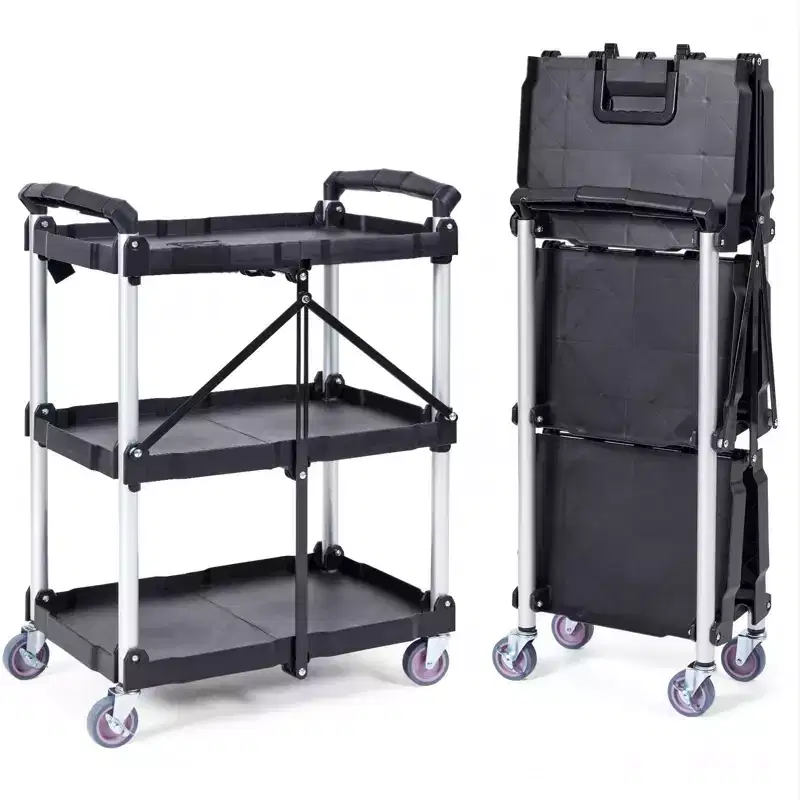 Foldable 3-Shelf Rolling Utility Cart 165 lbs Capacity with Lockable Wheels and Handle