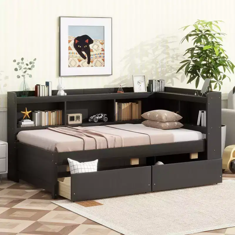 Whisen Twin Size L-Shaped Bookcase Bed with Built-In Power Outlets, USB Charging Ports, and Two Storage Drawers