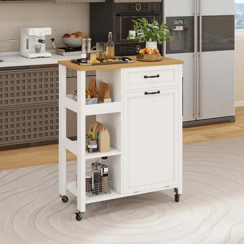 Kitchen Island Cart on Wheels with Trash Can Storage Cabinet