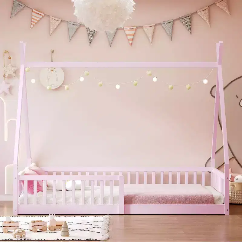 Twin Size Tent-Shaped Floor Bed for Kids,Montessori Canopy Bed with Slats & Safety Guardrail,Sturdy Pine Wood Frame,300lbs Capacity