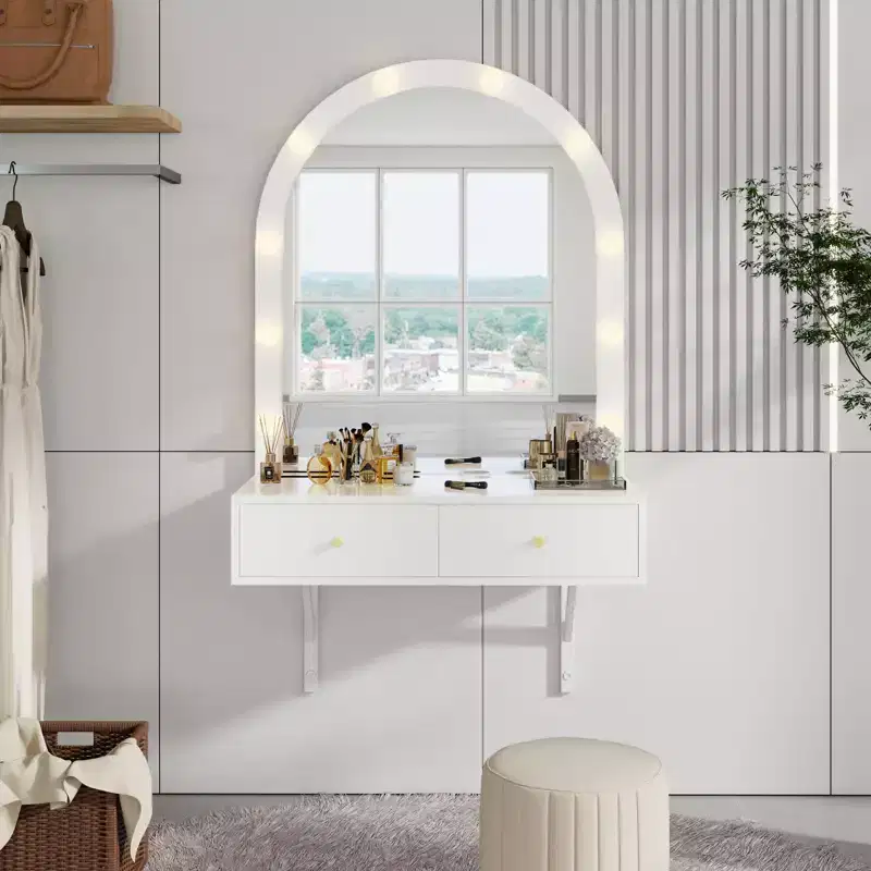 GDFStudio Silas Floating Makeup Vanity Desk with Mirror, 3-Color Lights and Power Outlet