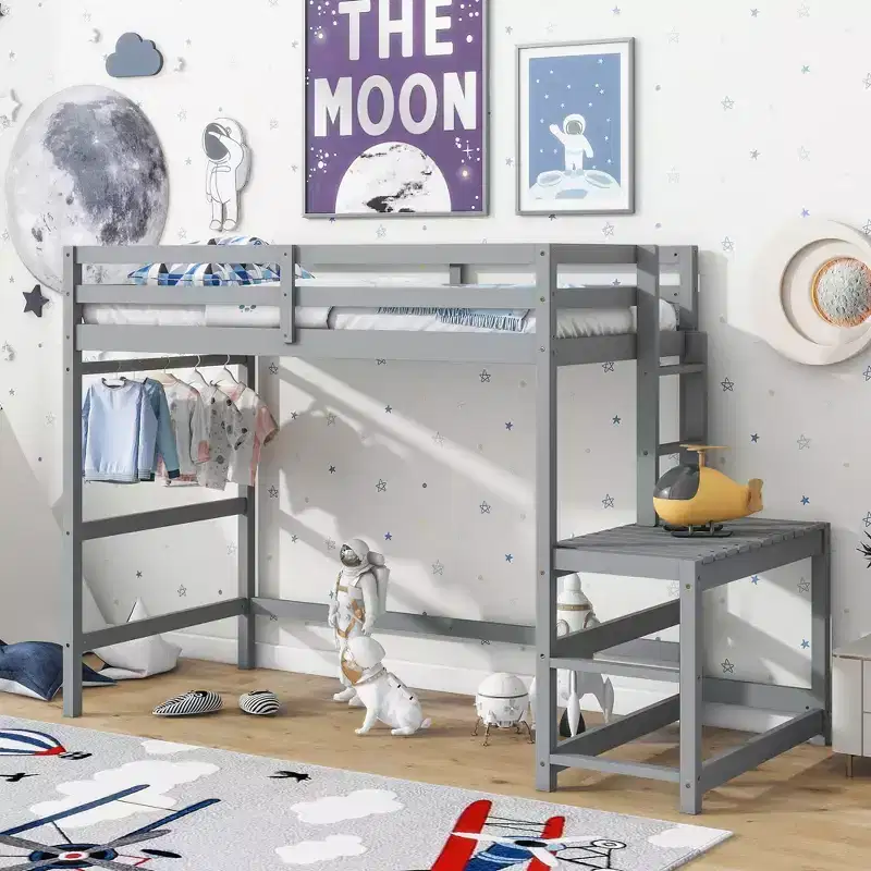 Twin High Loft Bed with Ladder & Landing Platform, Gray