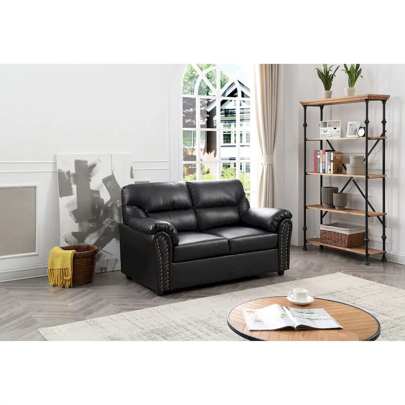Black Faux Leather Loveseat, Contemporary 2-Seat Sofa