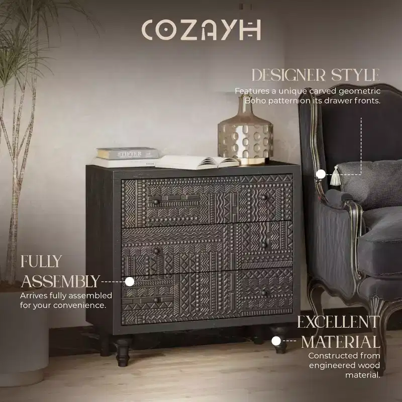 Farmhouse 3-Drawer Bedroom Dresser with Geometric Pattern – Black