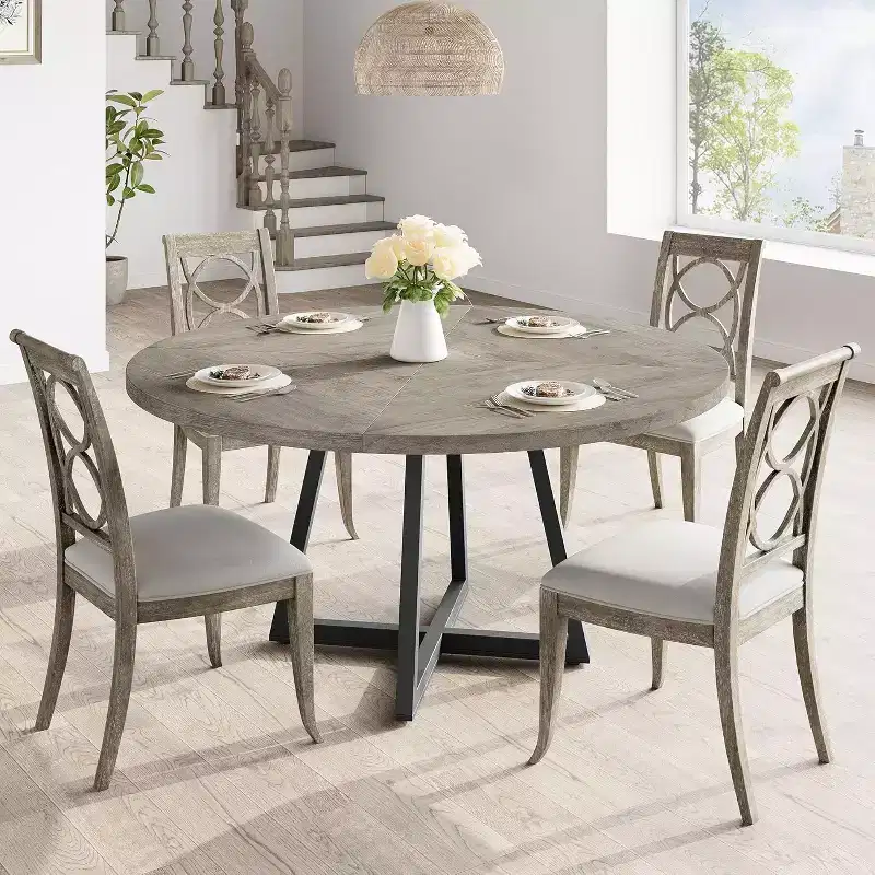 47 Round Dining Table for 4, Industrial Dinner Table with Wooden Top and Metal Base for Home Dining Room or Living Room, Grey (NO Chairs)