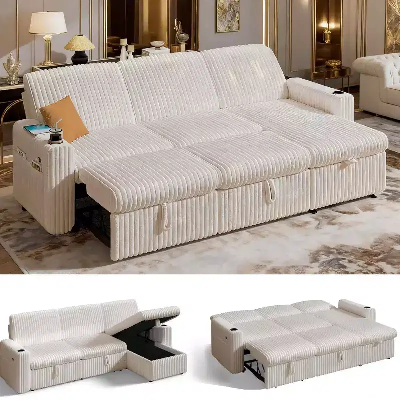 Dyonery 101 Sectional Sleeper Sofa Bed, Pull-Out Bed, Reclining Backrest, Reversible Storage Chaise, USB Ports & Cup Holders