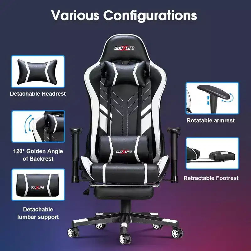 Douxlife Modern 7-Point Massage Ergonomic Gaming Chair with Footrest & Adjustable Armrests Black White