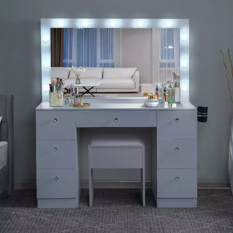 Vanity Table with Mirror, LED Lights, 7 Drawers & Stool