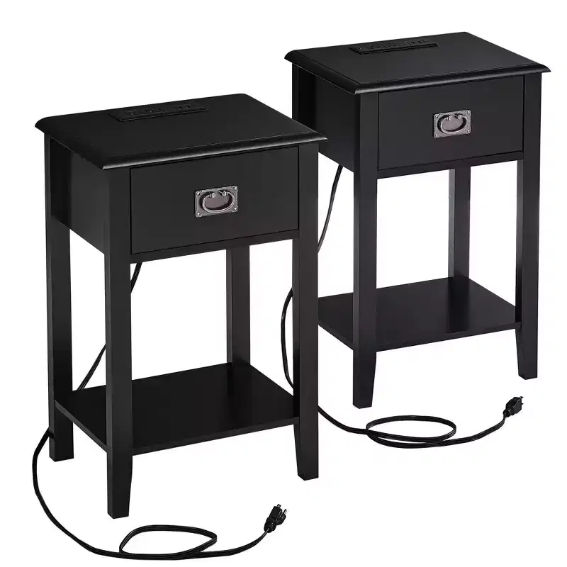 Nightstand -with Charging Station, Black End/Side Table with USB Ports, Nightstands with 3-Drawers Storage Shelf
