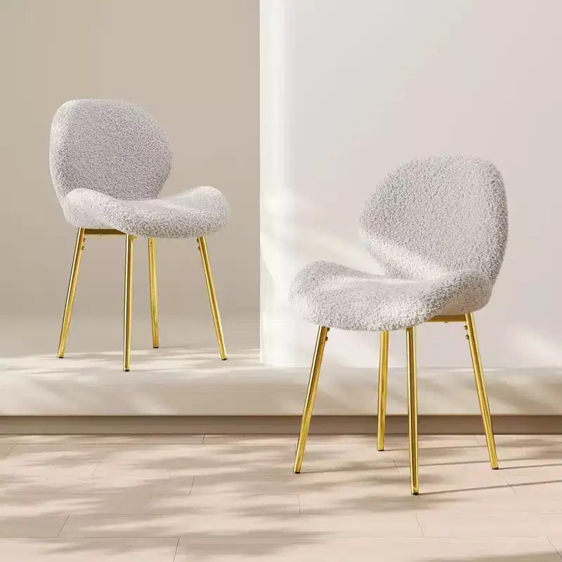TUYOHW Minimalist Dining Chairs Set of 2,Teddy Kitchen Chairs with Shell-shaped Backrest & Metal Legs,Modern Dining Room Chairs for Living Room