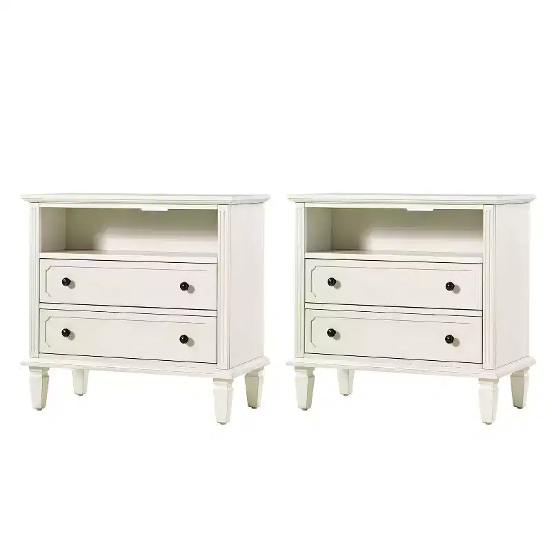 Davide 2 - Drawer Solid Wood end table with Solid Wood Legs Set of 2|ARTFUL LIVING DESIGNS-WHITE