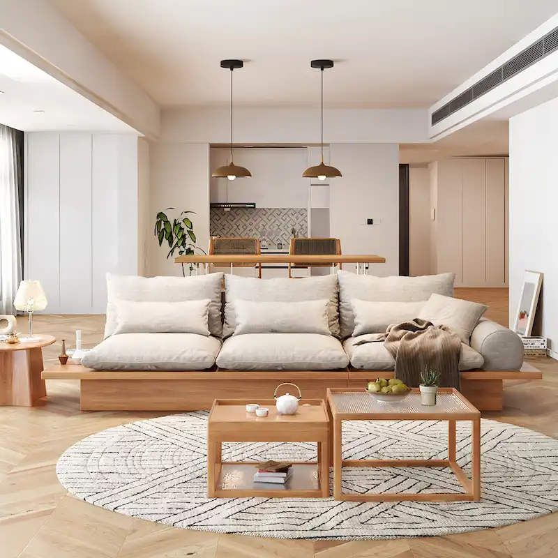 JASIWAY Cotton Line Beige Sofa With Wood Frame