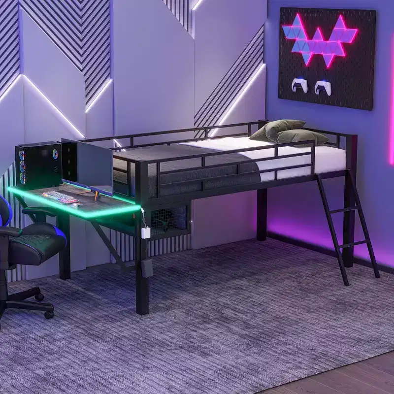 Full/Twin Size Loft Bed, Metal Gaming Bed Frame with Desk, Storage Shelves and LED Light, Black -ModernLuxe