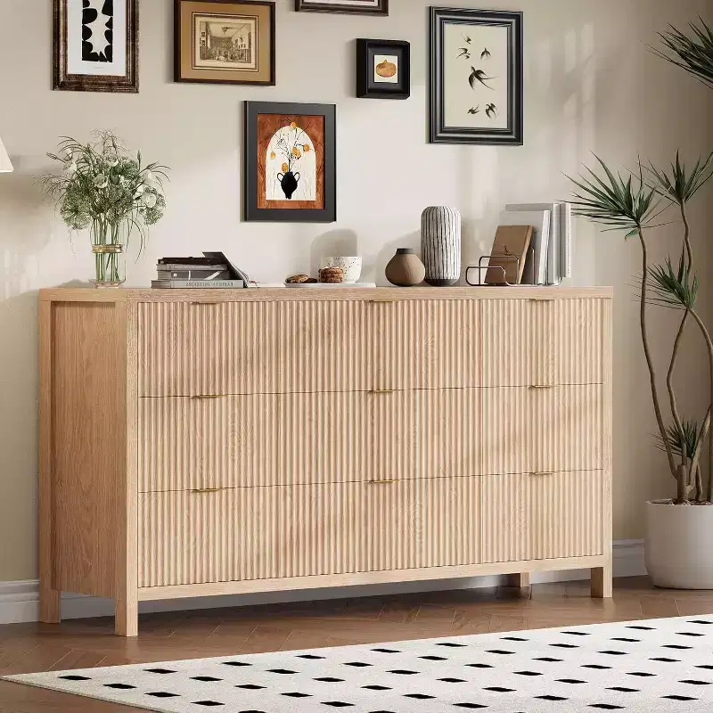 Walnut Wood 9-Drawer Fluted Dresser 15.6''D x 58.5''W x 31.5''H