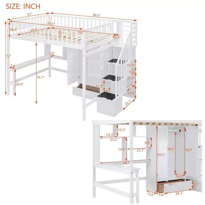 Wood Full Size Loft Bed with Bookshelf, Desk, Drawers & Wardrobe 94.4''L x 57''W