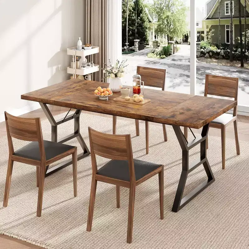 Rectangular Dining Table for 6, Heavy-Duty Metal Legs, Brown