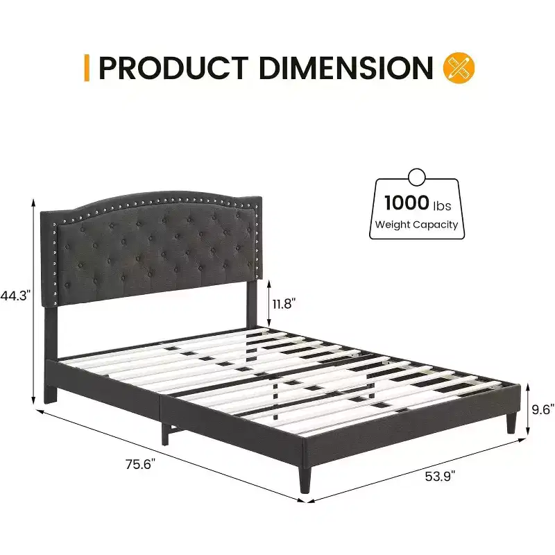 Upholstered Platform Bed Frame with Adjustable Headboard, Wingback Button Tufted Bed, No Box Spring Needed, Grey