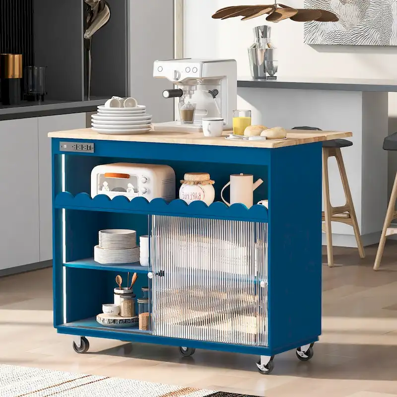 44 in. W Kitchen Island Rubberwood Drop-Leaf Countertop on 5 Wheels with Open Shelf and Wine Rack - 44