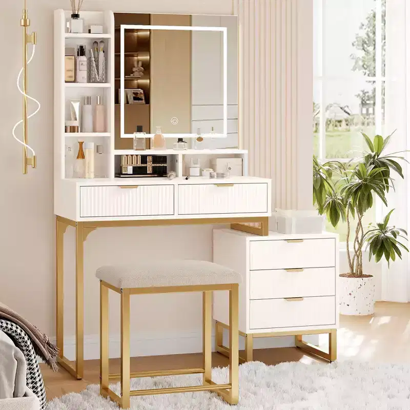 COZONY White Vanity Makeup Desk with 3-Mode Lights & Stool, 5 Drawers Vanity Table with Mirror