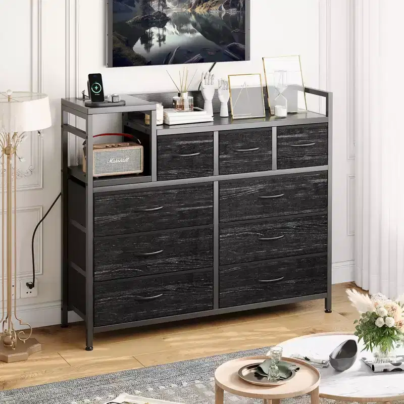 TV Stand with Charging Station - Modern 8-Drawer Dresser with Wood Top, USB Ports & Power Outlets, Storage Cabinet