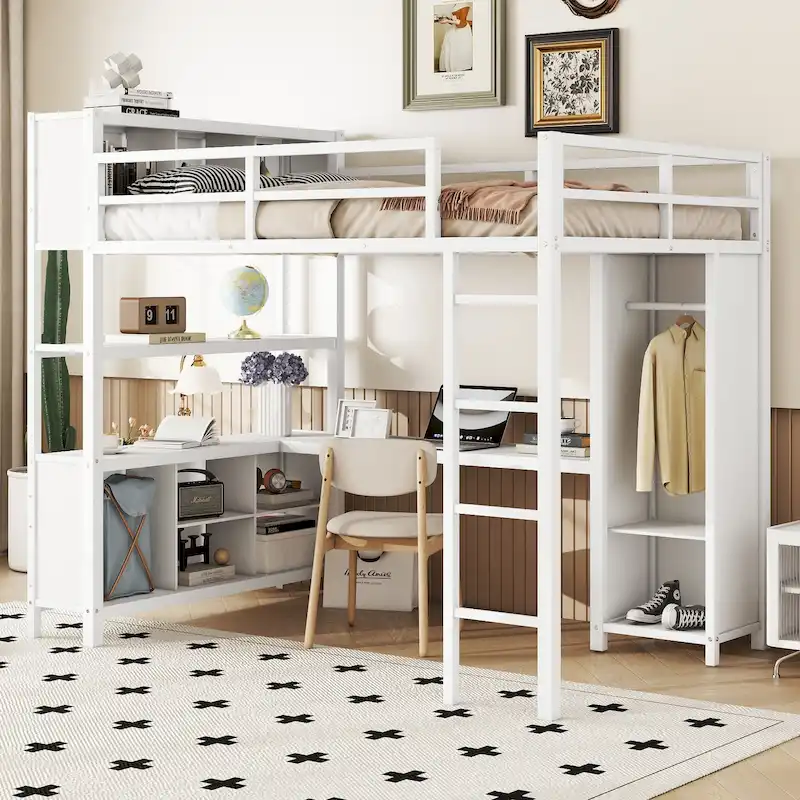 Full Size Metal Loft Bed with Wardrobe, L-Shaped Desk and Storage