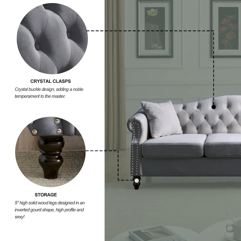 Chesterfield 3-Seater Upholstered Tufted Sofa with Rolled Arms and Nailhead