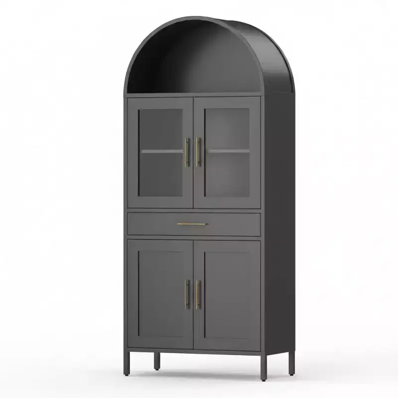 56'' Arched Cabinet with Glass Doors, Metal Kitchen Pantry with Storage Drawer & 2 Adjustable Shelves, Modern Display Bookcase for Living Room