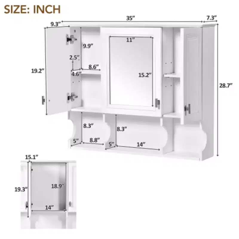 35'' x 28'' Wall Mounted Bathroom Medicine Cabinet, Modern Bathroom Wall Cabinet with Mirror, Mirror Cabinet with Open Shelves
