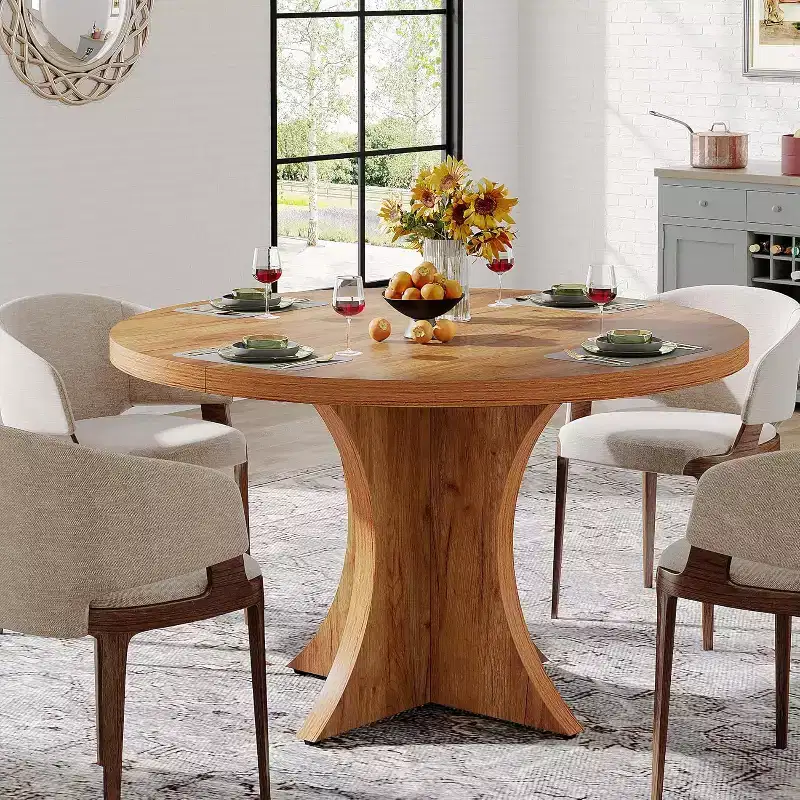 47.24-Inch Round Dining Table for 4-6, Farmhouse Kitchen Table with Pedestal Base, Small Dinner Table for Dining Room, Living Room, Brown