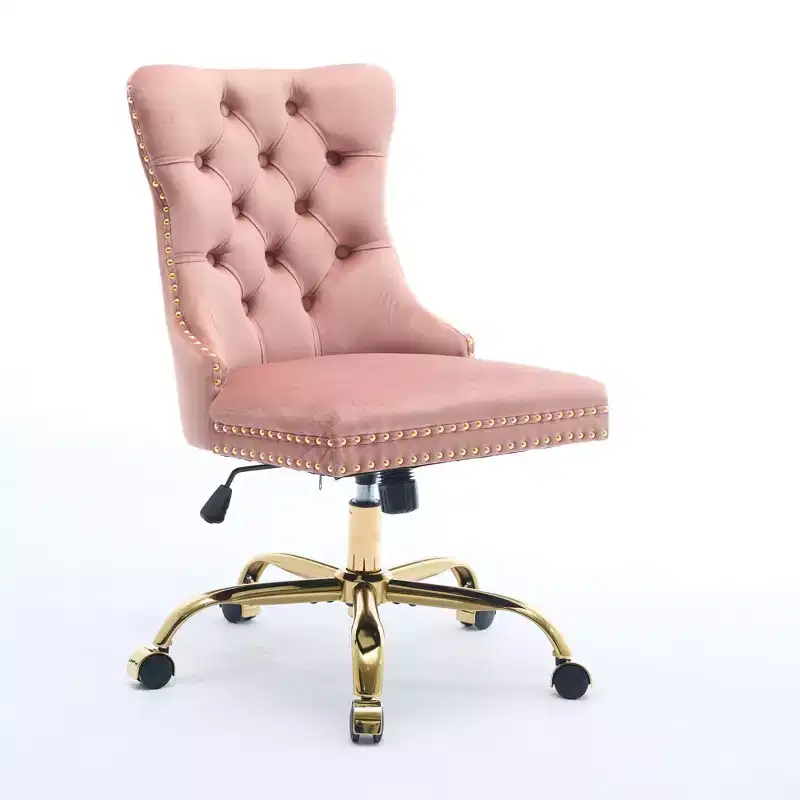 Velvet Upholstered Adjustable Office Chair with Gold Metal Base, Pink