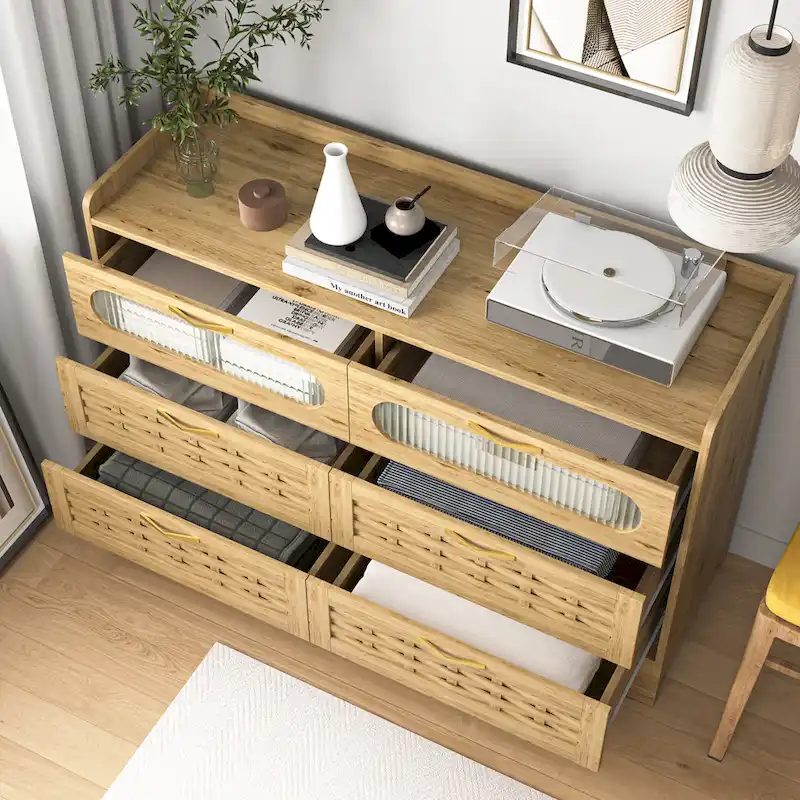 Wood Large Double Dresser with Wide Drawers Modern Chest