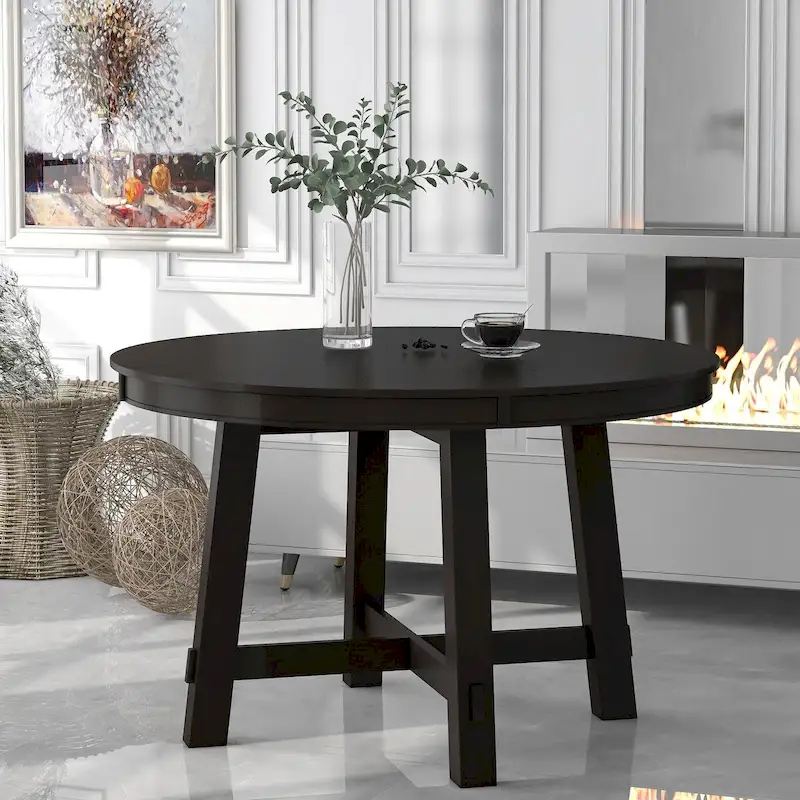 Espresso / Natural Round Extendable Dining Table, X-Base Farmhouse Style
