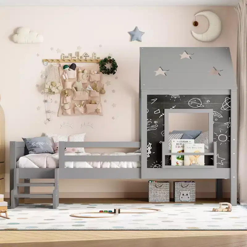 Twin/Full House Bed Platform Bed Frame with Low-Profile Stairs, Bookcase, Blackboard & Star Roof - ModernLuxe