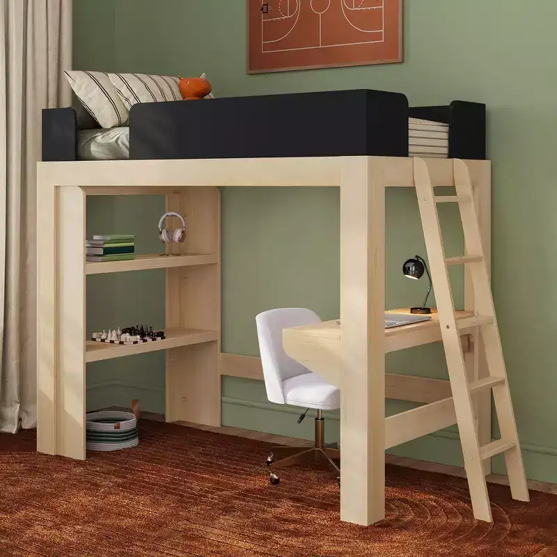 Mid-Century Modern Twin Loft Bed with Desk and Bookshelf