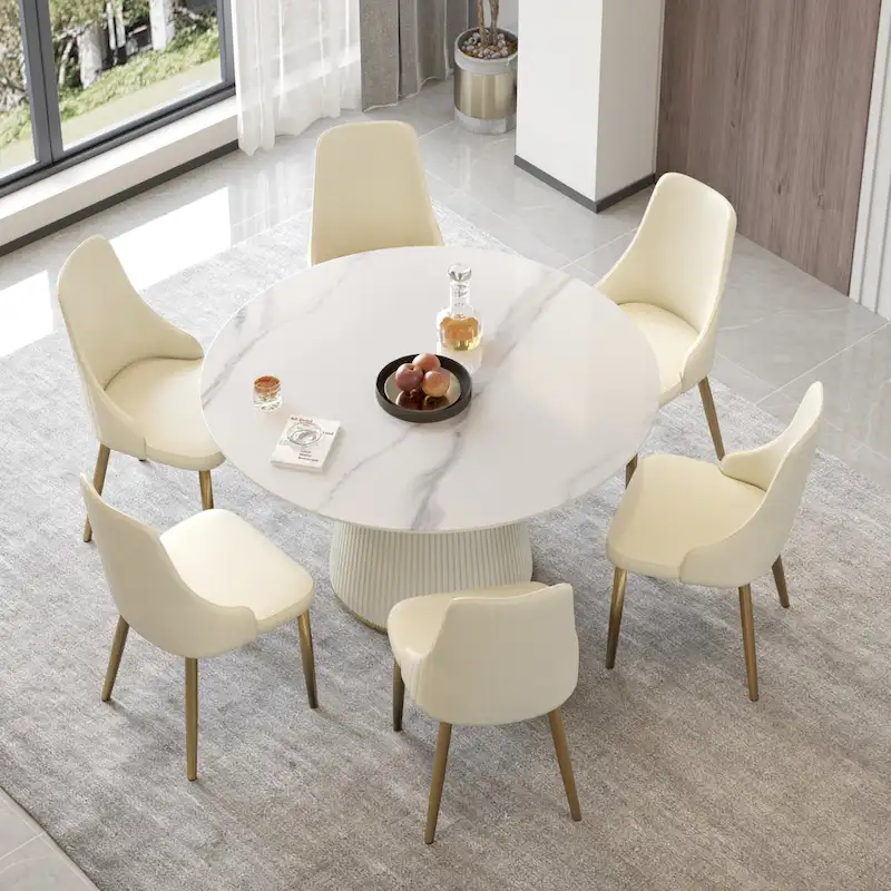 Round PU Pedestal Dining Table Faux Marble Dining Table