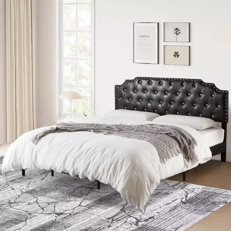 King Platform Bed Frame, Black, Upholstered, For 1 Person