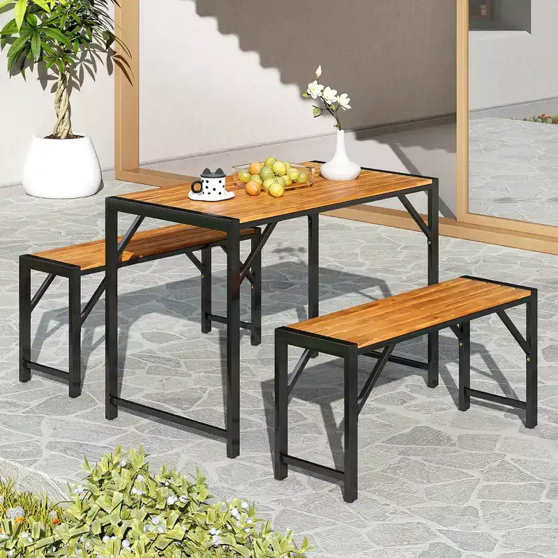 Costway 3 PCS Dining Set for 4 People Outdoor Picnic Table & 2 Benches w/ Metal Frame