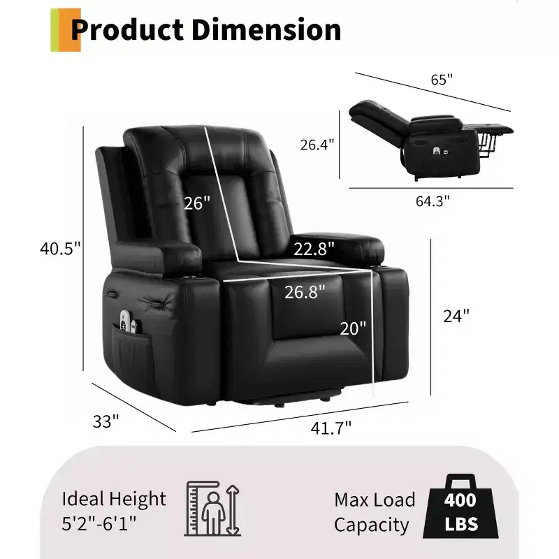 Oversized Power Lift Recliner Chair, Faux PU Leather Electric Lift Recliner with Heat and Massage, Single Sofa Seat with Cup Holder for Bedroom