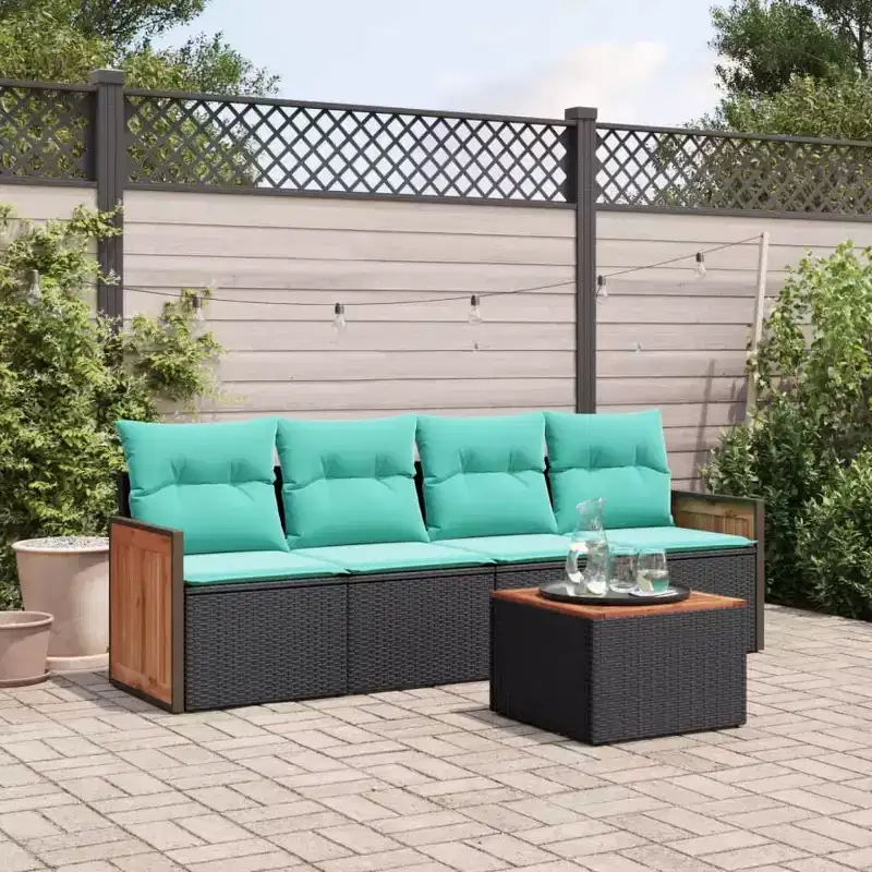 vidaXL 5 Piece Garden Sofa Set with Cushions Black Poly Rattan