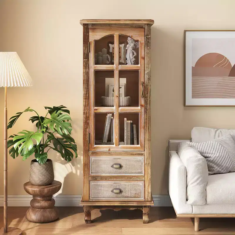 Rustic Solid Wood Storage Cabinet with Decorative Cutout Door and 2 Drawers
