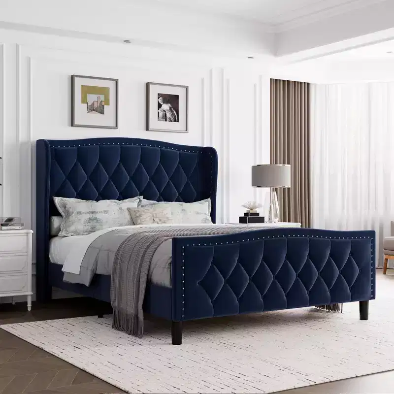 Velvet Upholstered Full Size Platform Bed with Wingback Headboard