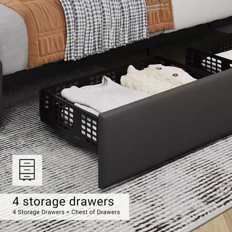 Upholstered Full Platform Bed Frame with 4 Storage Drawers Adjustable Headboard, PU Leather Platform Storage Bedframe