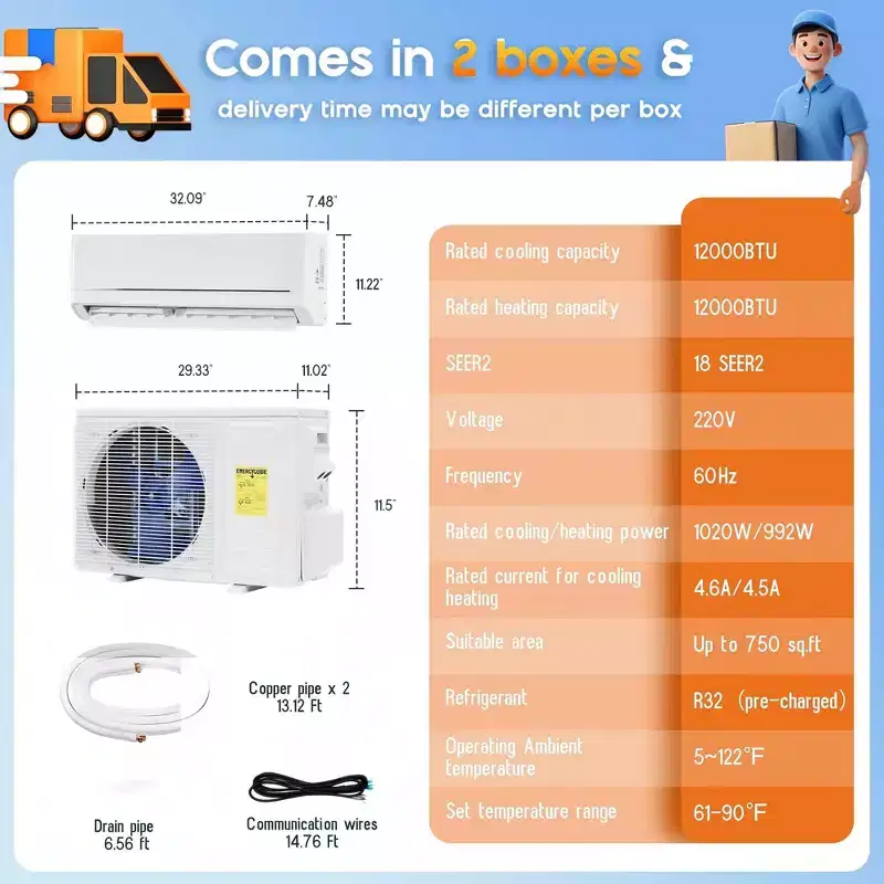 AMERLIFE 12,000 BTU Mini Split Air Conditioner with Heat Pump, 220V Inverter, WiFi Control, 750 Sq Ft Coverage