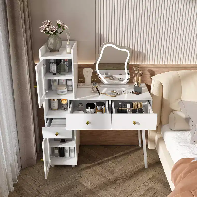 LED Mirror Vanity Tables, White Vanity with 3 Drawers, 2 Shelves, 4 Hidden Cabinets (Glass Doors), 3 Light Modes, for Bedroom or Living Room