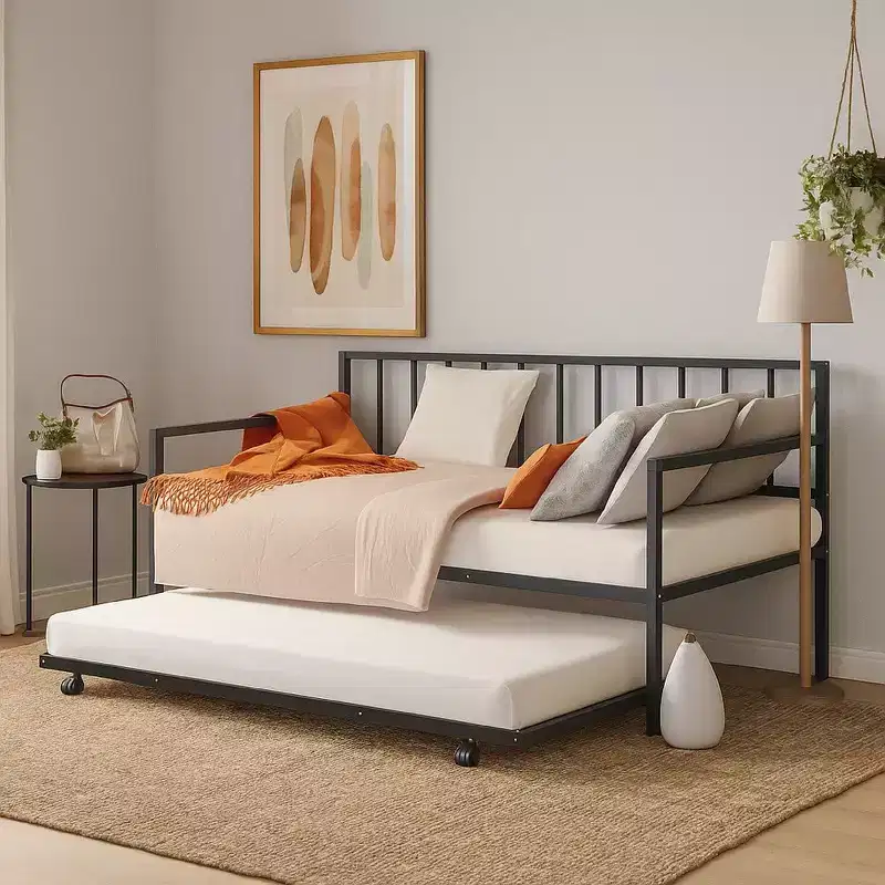 Royal Hampton Daybed with Pull Out Trundle, Black Slatted Open Metal Frame
