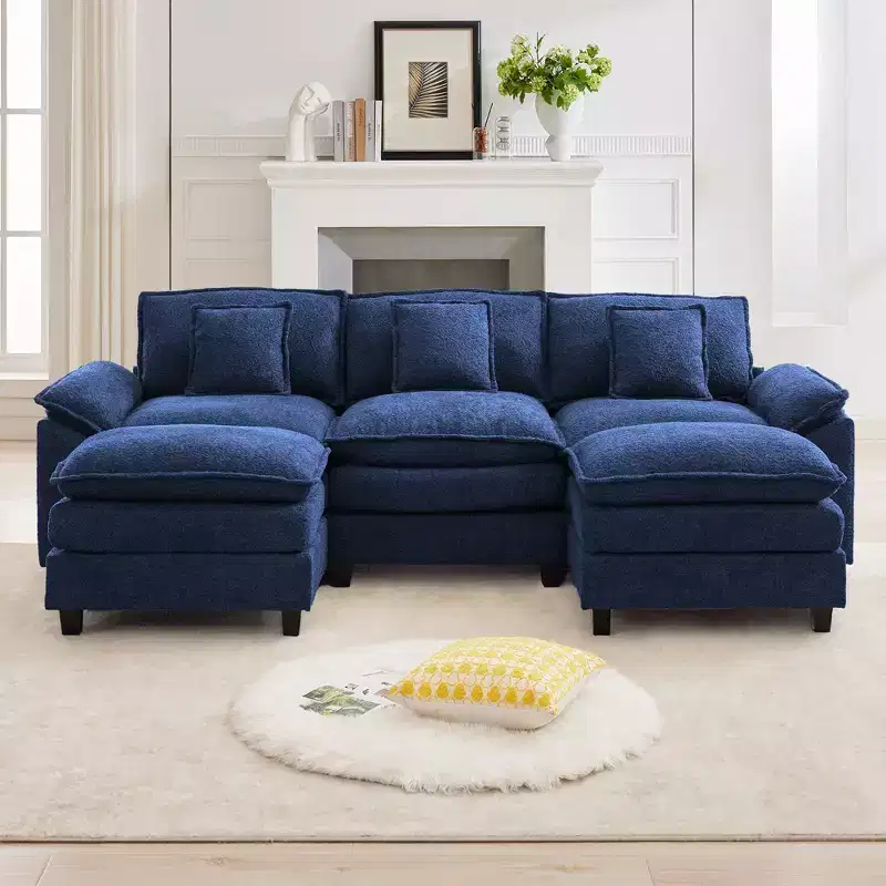 105.9 in. Chenille Fabric 5 seat Sectional Sofa with 2 Ottomans in Dark Blue